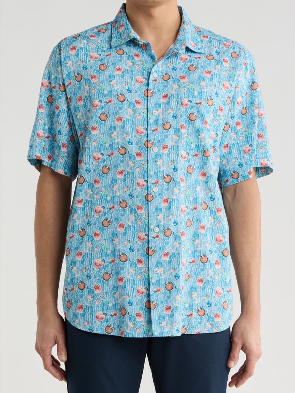 Tommy Bahama Blue Tropical Short-Sleeve Button-Down Shirt with Coral & Tan Motif